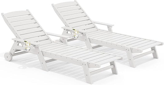 SERWALL Patio Chaise Lounge Chair Set of 2, 78'' Long 5-Positions Adjustable HDPE Outdoor Lounge Chair for Pool, Poly Lounge Chair with Rolling Wheels & Cup Holder for Poolside, Deck, White