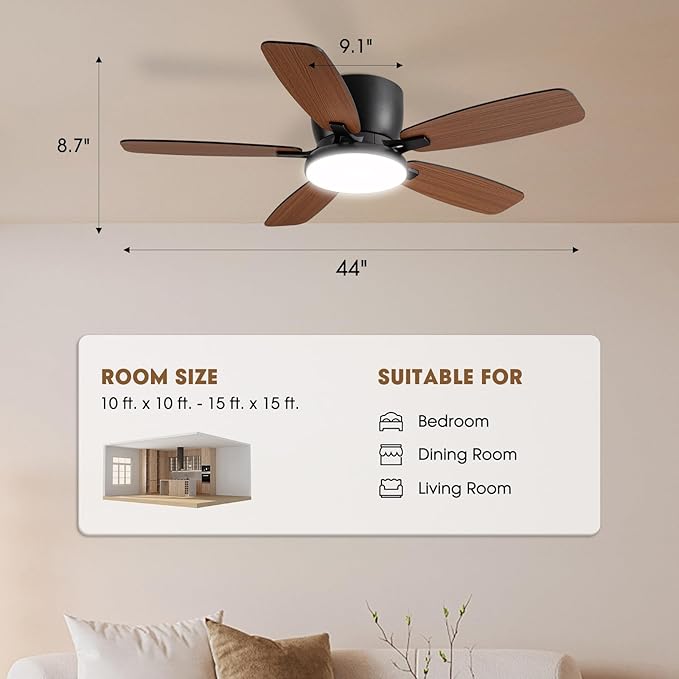 Ceiling Fans with Lights, 44" Low Profile Ceiling Fan with Light Remote Control, 6 Speed 35dB Ultra Quiet Smart Ceiling Fan with Reversible DC Motor, Dimmable 3CCT LED for Bedroom/Living Room (Black)