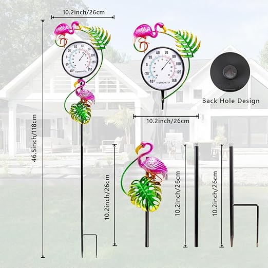 Outdoor Thermometer, No Battery Needed Outside Thermometer with Garden Stake, Flamingo Wall Thermometer for Yard Patio Decor