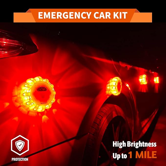 6 Pack LED Road Flare Emergency Car Kit With 9 Blinking Modes,Amber Roadside Safety Flare Discs Warning Light For Car & Truck With Magnetic&Hook (Battery Not Included)