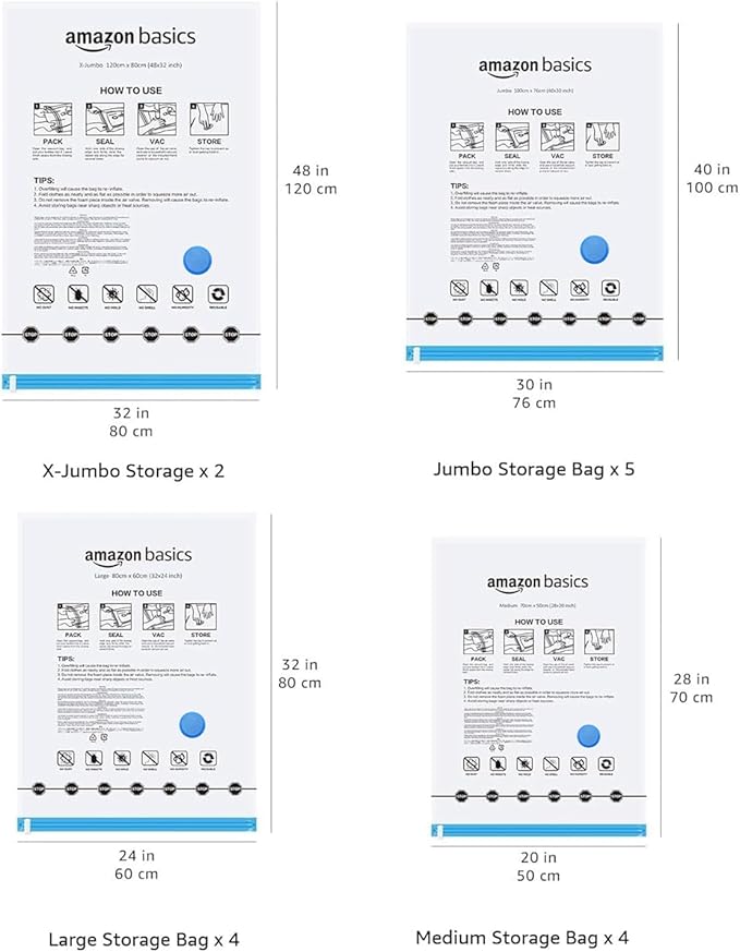 Amazon Basics Vacuum Compression Space Saving Storage Bags with Hand Pump for Travel, Multiple Sizes for Clothes and Blankets, Clear, 20 Pack (5 Small, 5 Medium, 5 Large & 5 Jumbo)