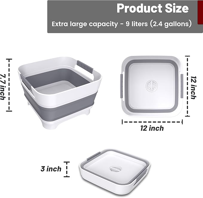 Collapsible Dish Basin with Drain Plug, 9L(2.4Gal) Capacity, Space Saving Portable Sink for Baby bottle, Kitchen, Camping& RV, Gray