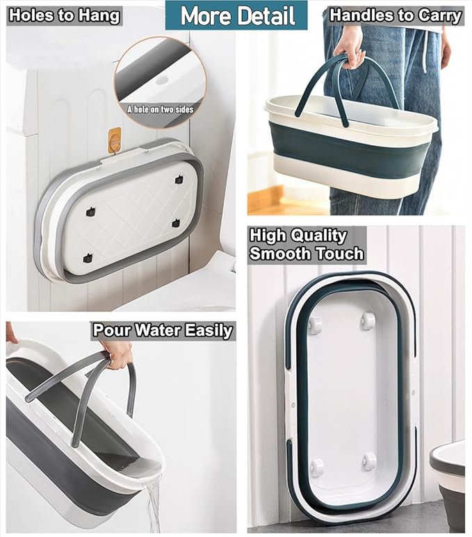 Collapsible Mop Bucket Basin Tub with Handle and Wheels, 12L (3.2 Gallon) Foldable Small Plastic Container for Household Cleaning, Car Washing, Portable Basket Bin Tool for Storage Organizer, Grey