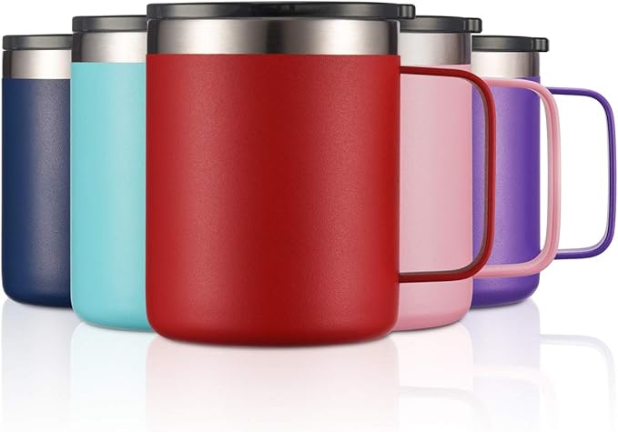 ALOUFEA 12oz Stainless Steel Insulated Coffee Mug with Handle, Double Wall Vacuum Travel Mug, Tumbler Cup with Sliding Lid, Red