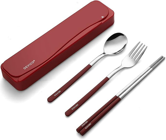 DEVICO Travel Utensils, 18/8 Stainless Steel 4pcs Cutlery Set Portable Camp Reusable Flatware Silverware, Include Fork Spoon Chopsticks with Case (Red)