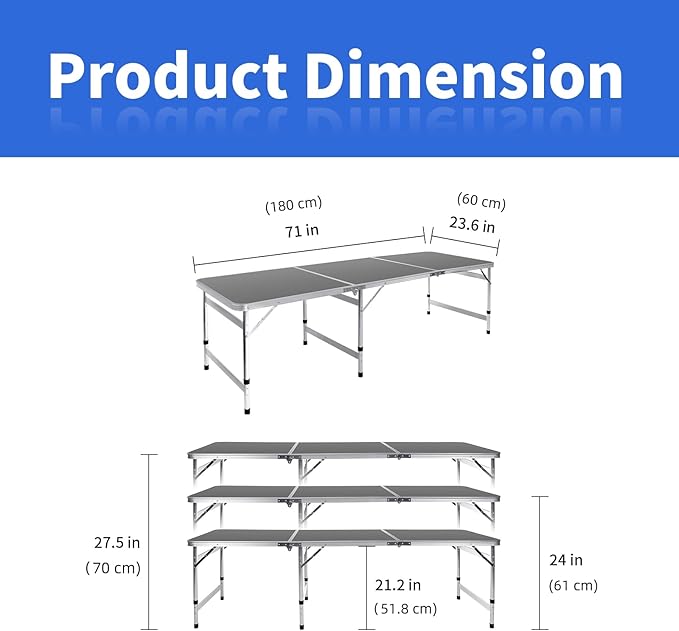Camping Table 6FT Folding Table Large 3 Adjustable Height Portable Picnic Camp Aluminum Outdoor Table Picnic BBQ Black