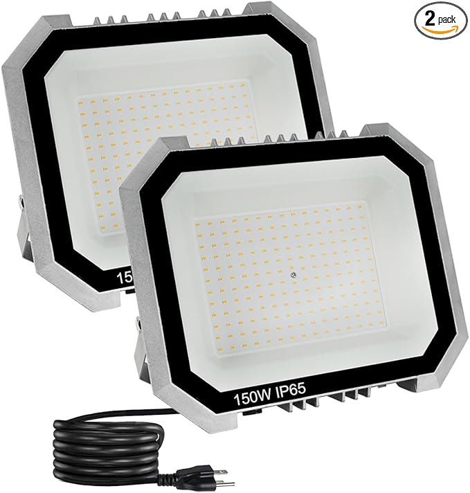 2 Pack LED Flood Lights Outdoor, 150W 15000LM Super Bright Floodlight Outside Work Light with 5.9FT Plug, IP65 Waterproof 6000K Outdoor LED Flood Light for Garage, Yard, Lawn, Garden