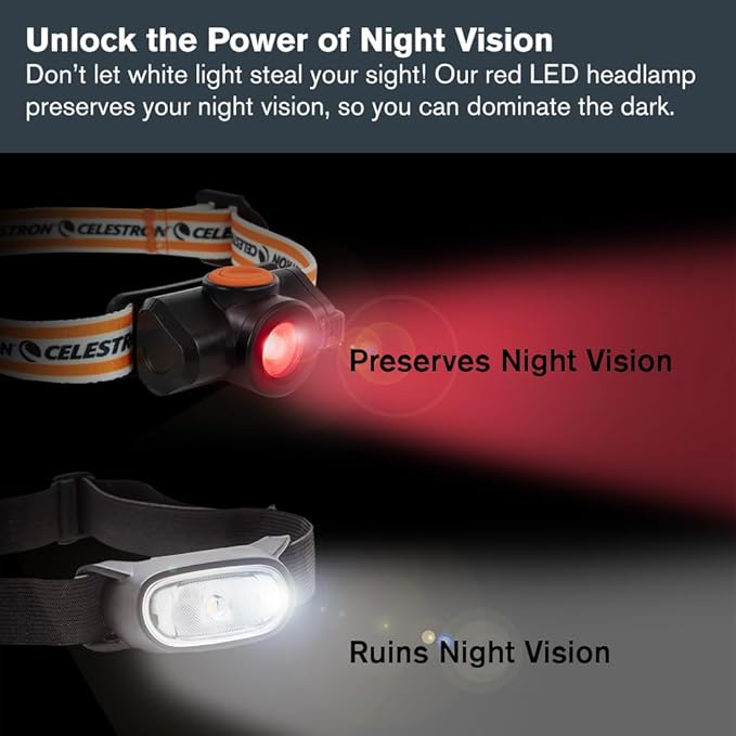 Celestron – Night Vision Headlamp – Multiple Light Modes – Includes SOS Setting – Ideal for Astronomy and Camping – 100 Hours of Usage – 45° Adjustable Angle