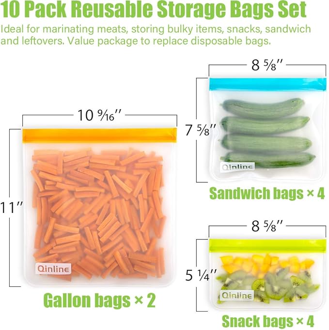 Reusable Storage Bags - 10 Pack BPA FREE Freezer Bags(2 Reusable Gallon Bags + 4 Leakproof Reusable Sandwich Bags + 4 THICK Reusable Snack Bags) Ziplock Lunch Bags for Food Marinate Meat Fruit Cereal