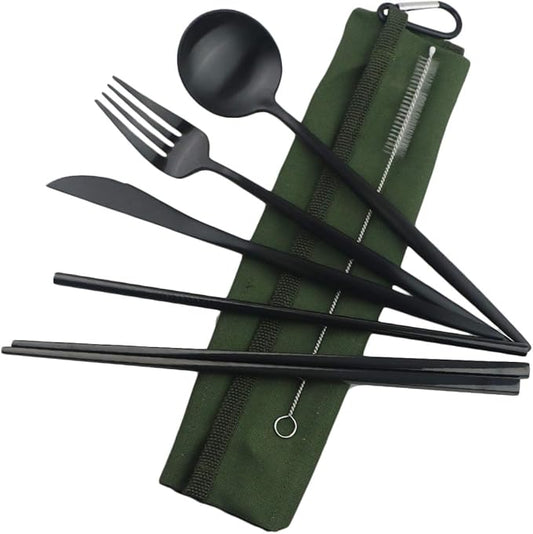 Gugrida Reusable Travel Utensils, 7 Piece Portable 304 Stainless Steel including Knife Fork Spoon Chopsticks Cleaning Brush Straws Portable Pouch, Eco-friendly Camping Silverware Set, Dishwasher Safe