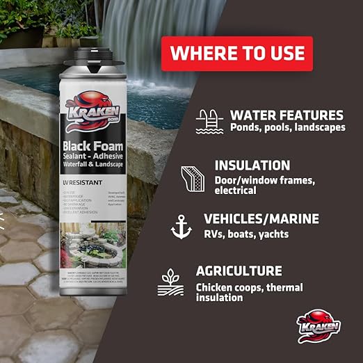 Kraken Bond Black Spray Waterfall Foam Sealant - (1x24oz) Expanding Polyurethane Pond Foam Sealer Black, UV Resistant Insulating Spray for Landscape & Exterior, Gun Use, Gun Included, 1 Pack