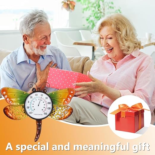 16.5" Outdoor Thermometer, Dragonfly Indoor Thermometer No Need Battery, Metal Wall Thermometer for Patio Room Decor