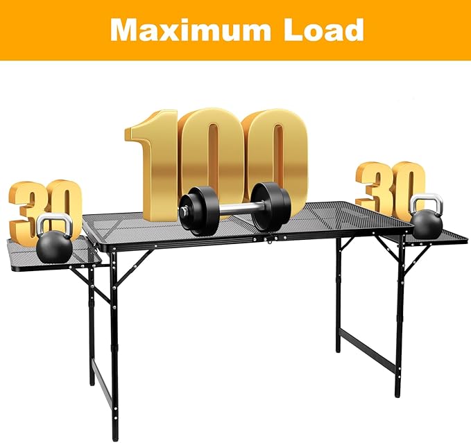 Grill Table Folding Table with 2 Wing Panels 4FT+1.77 FT with Mesh Desktop 3 Height Adjustable Portable Grill for Outdoor Indoor Beach BBQ Picnic Travel RV Black