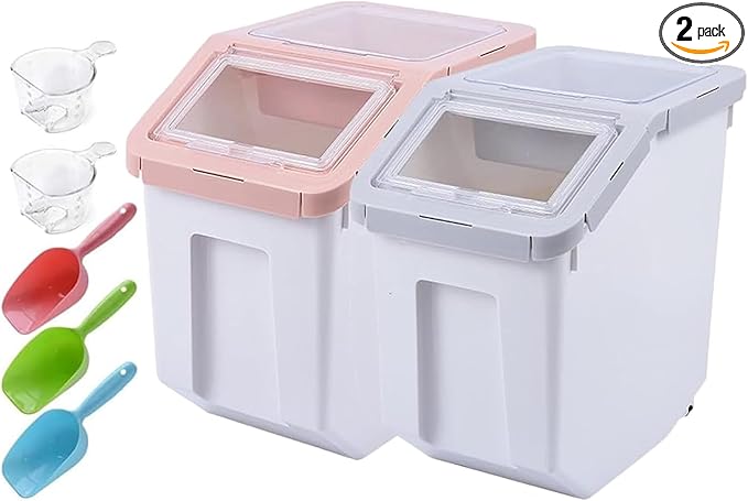 RUIAN Pet Food Storage Container, 22lb Grain Storage Barrels Sealed Bucket on Wheels Dog Cat Dry Food Bin Rice Flour Boxes with Scoop and Measuring Cup, Gray & Pink 2Pcs