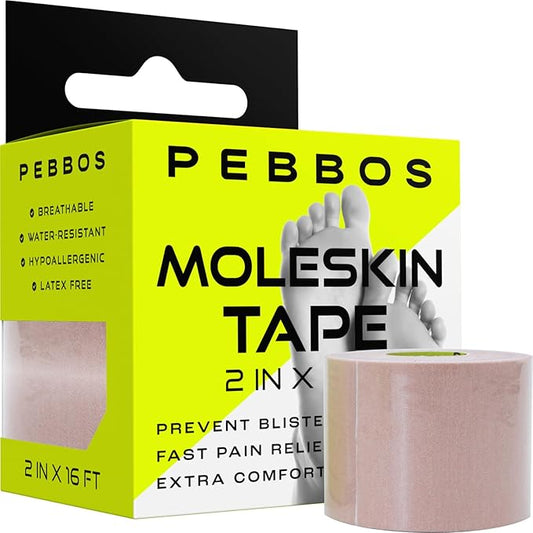 Moleskin Tape - 2in x 16ft - Blister Prevention Tape, Medical Padding Tape | Water Resistant & Hypoallergenic | Thin Mole Skin Padding & Athletic Tape for Running, Hiking, Walking - Single Roll