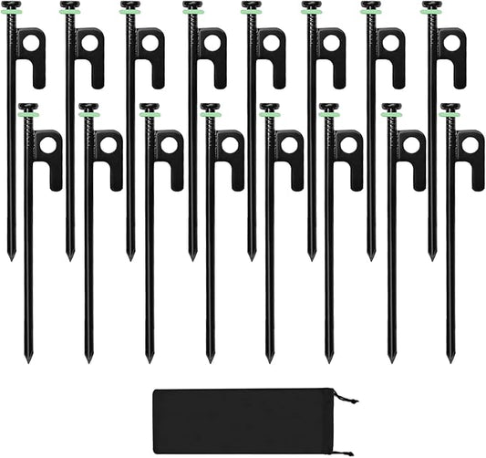 16Pcs Tent Stakes, 8in Heavy Duty Tent Stakes with Storage Pouch, Forged Steel Tent Sakes Metal, Metal Stakes for Tent Used on Grassland, Snowfield, Dessert(16Pcs, 8in, Diameter 1/4")