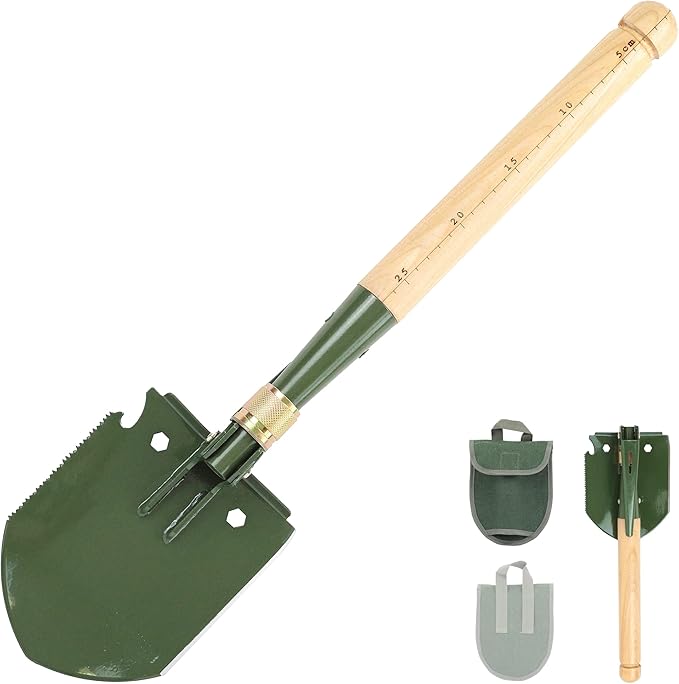 Mastiff Gears ® Wooden Handle Folding Survival Shovel w/Pick - Heavy Duty Carbon Steel Military Style Entrenching Tool for Off Road, Camping, Gardening, Beach, Digging Dirt, Sand, Mud & Snow
