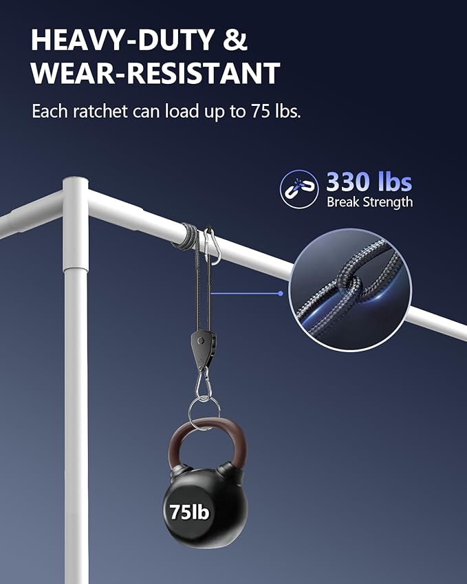 VIPARSPECTRA Retractable Heavy Duty Ratchet Tie Down Straps [12 Pack, 8ft, 75lbs/Pack], Rope Pulley System with Carabiner Hook Rope Adjuster for Hanging Plants/Grow Light/Tents Various Tie-Down Uses