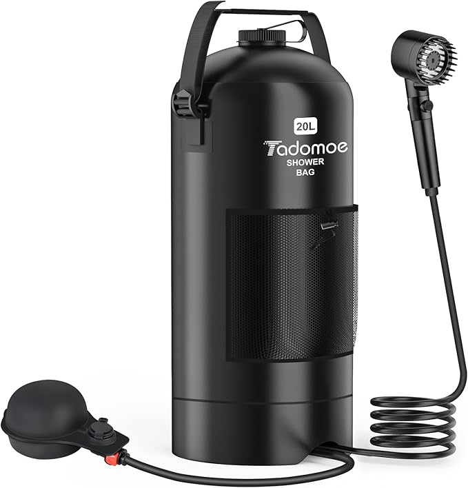 Portable Shower for Camping,5 Gal/20L Solar Heating Camping Shower Bag with Shower Pump,Shower Head,Essential for Camping,Festivals,Overlanding,Beach Trips,Outdoor Showers (Eco Foot Pump)