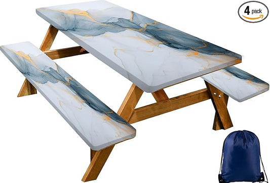 CAPSCEOLL Elastic Picnic Table Cover with Bench Covers 5Ft Waterproof Fitted Picnic Table Cover Cloths for Outdoors Camping Tablecloth with Drawstring Bag, 60X30in, Grey White Marble