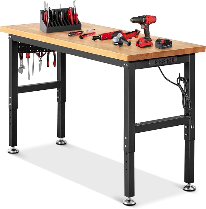 Work Bench for Garage Workbench Adjustable Height Work Table with Pegboard for Shop Woodworking, 60 x 22 Heavy Duty Rubber Wood Top for Office, Home, Commercial