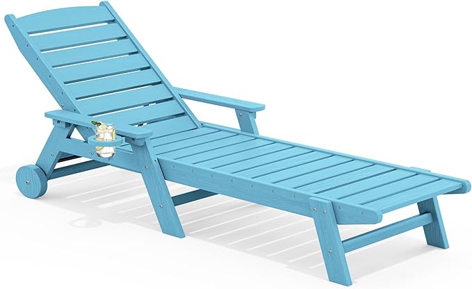 SERWALL Patio Chaise Lounge Chair, 5 Positions Adjustable HDPE Outdoor Lounge Chair, Poly Lounge Chair with Rolling Wheels & Cup Holder, Light Blue