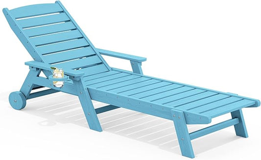 SERWALL Patio Chaise Lounge Chair, 5 Positions Adjustable HDPE Outdoor Lounge Chair, Poly Lounge Chair with Rolling Wheels & Cup Holder, Light Blue