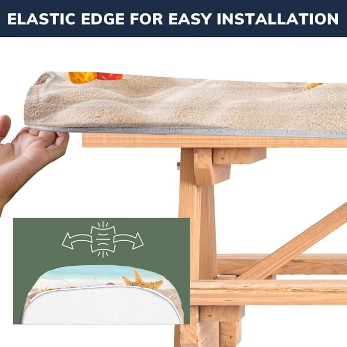 CAPSCEOLL Picnic Table Cover with Bench Covers Waterproof Camping Tablecloth All-Weather Outdoor Table Protector with Drawstring Bag for Camping Essentials, 72X30in, Sea Beach