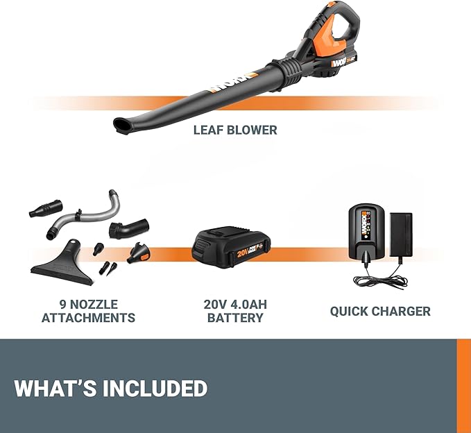 WORX WG545.1 20V Cordless Leaf Blower, Electric Blowers for Lawn Care with 120 MPH & 3.5 Lbs, Long Nozzle Design for Narrow Spaces with Cleaning Attachments, Battery & Charger Included