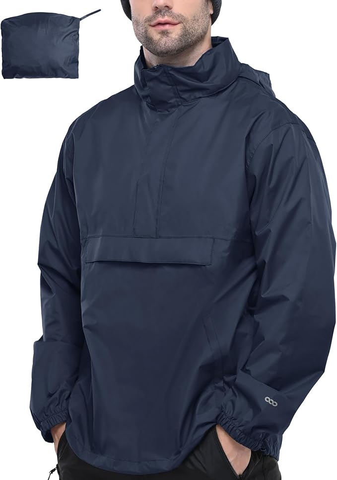 33,000ft Men's Pullover Rain Jacket Waterproof with Hood Lightweight Packable Raincoat Windbreaker for Golf Travel