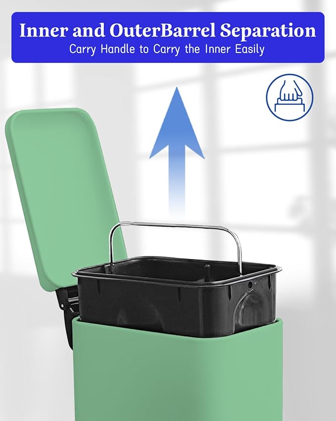 12 Gallon Slim Kitchen Trash Can, Stainless Steel Trash Can with Removal Inner Bucket and Soft-Close Lid, Pedal Garbage Can 45 Liter, Green