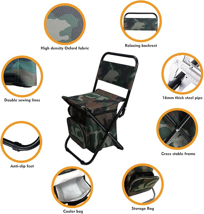 LEADALLWAY Fishing Chair with Cooler Bag Compact Fishing Stool Foldable Camping Chair