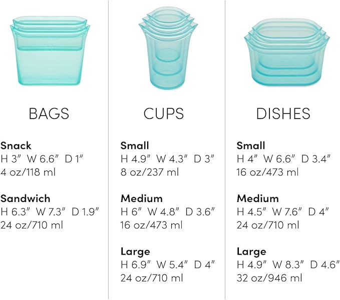 Zip Top Reusable Food Storage Bags | Full Set of 8 [Teal] | Silicone Meal Prep Container | Microwave, Dishwasher and Freezer Safe | Made in the USA
