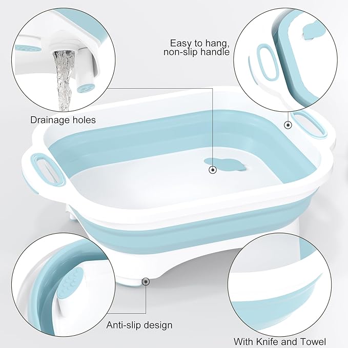 Collapsible Cutting Board,HI NINGER Camping cutting board with knife,Multifunctional Kitchen Vegetable Washing Basket Silicone Dish Tub for Camping Kitchen essentials/bbq prep tub/rv accessories