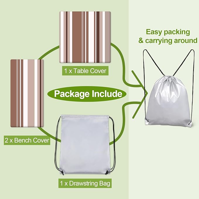 Picnic Table Cover with Bench Covers Camping Essentials Waterproof Windproof Camping Tablecloth with Drawstring Bag, Fitted Rectangle Tables and Seats, 72in, Brown Stripe