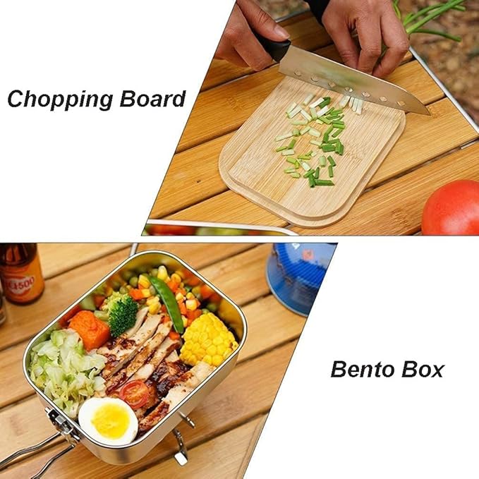Stainless Steel Camping Cookware Pot with Bamboo Chopping Board, Camping Mess Tin with Foldable Handle and Lid, Applicable for Camping Hiking BackPacking (30oz)
