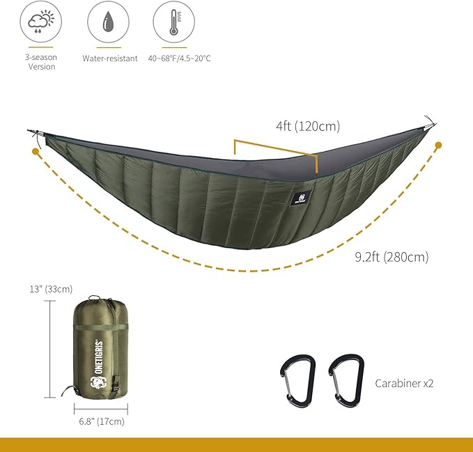 OneTigris Night Protector Ultralight Hammock Underquilt, Full Length Camping Quilt for Hammocks Warm 3-4 Seasons, Weighs only 28oz, Great for Camping Hiking Backpacking Traveling Beach