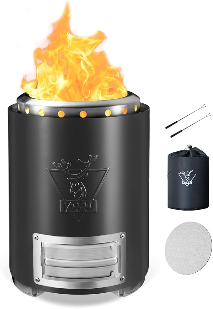 YEFU Tabletop Fire Pit 9.7 x 7.1 in, Flame Intensity Control Camping Stove for Outdoor & Patio, Fueled by Pellets or Wood, Safe Burning Table Top Firepit, with Travel Bag & 2 Mini Sticks, Black
