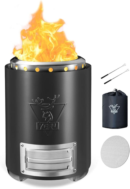 YEFU Tabletop Fire Pit 9.7 x 7.1 in, Flame Intensity Control Camping Stove for Outdoor & Patio, Fueled by Pellets or Wood, Safe Burning Table Top Firepit, with Travel Bag & 2 Mini Sticks, Black