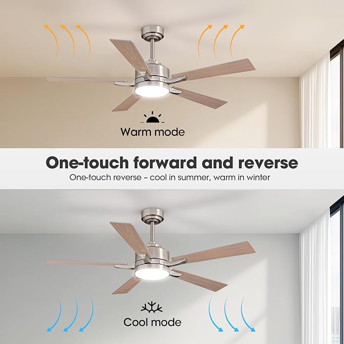 Ceiling Fan with Light, 52" Modern Low Profile Ceiling Fan with Light, DC Reversible Motor, Smart APP & Remote Control, Whisper Quiet, Dimmable LED for Bedroom/Living Room