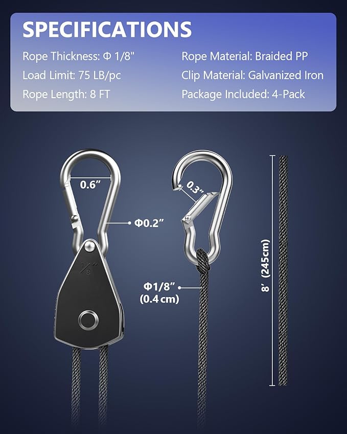 VIPARSPECTRA Retractable Heavy Duty Ratchet Tie Down Straps [4 Pack, 8ft, 75lbs/Pack], Rope Pulley System Rollers with Carabiner Hook for Kayak/Hanging Plants/Grow Light/Tents Various Tie-Down Uses