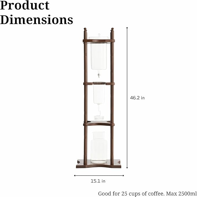 Nispira Cold Brew Drip Tower Iced Coffee Maker Glass Wooden Stand 25 Cups