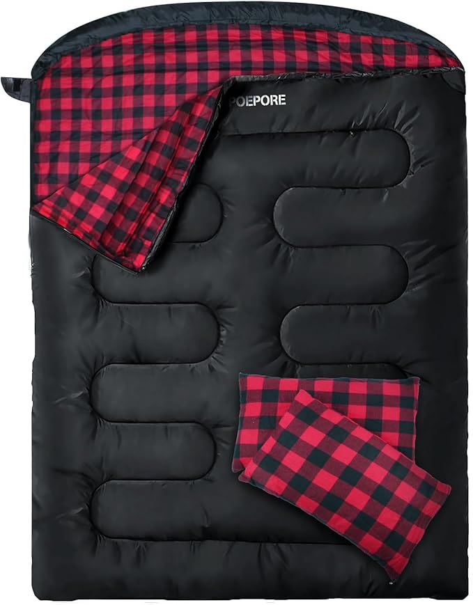 Double Sleeping Bag Flannel for Adults with 2 Pillows 2 Person Sleeping Bags Camping XXL Queen Size Two Person Sleeping Bag for Cold Weather