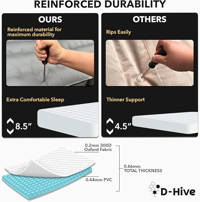 D-Hive Unbeatable Durability SUV Air Mattress for Car Camping, Durable Extra Thick 300D Oxford Fabric, Quick Easy Set-Up w/Electric Pump, Bed Mattress, Mattress for SUV, Car Air Mattress