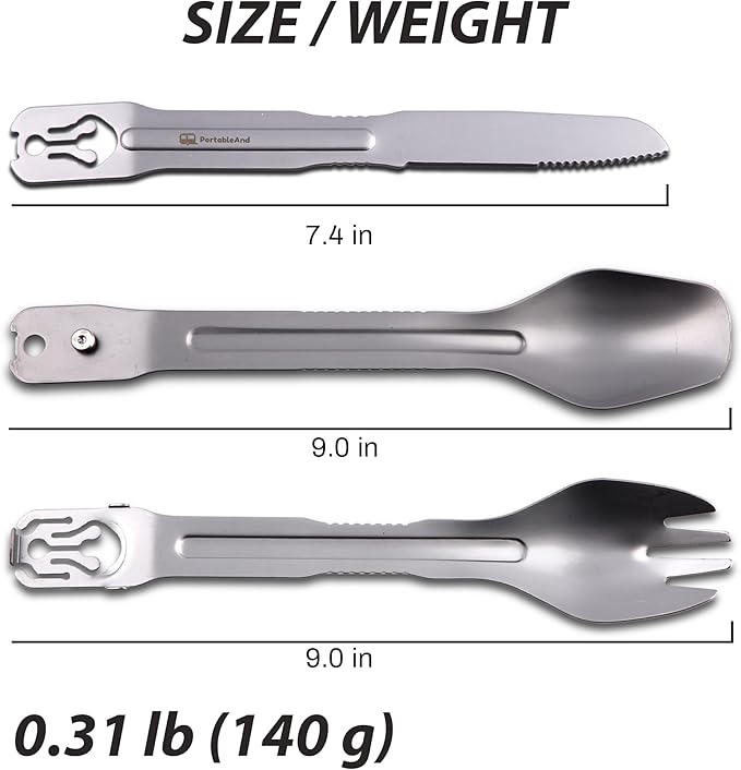 PortableAnd 4-in-1 Camping Utensil Set: Spoon, Spork, Knife, Tongs - Stainless Steel Multi Tool for Outdoor Cooking, Backpacking, Hiking, Picnics - Lightweight Travel Utensil with Carry Bag (1-Pack)
