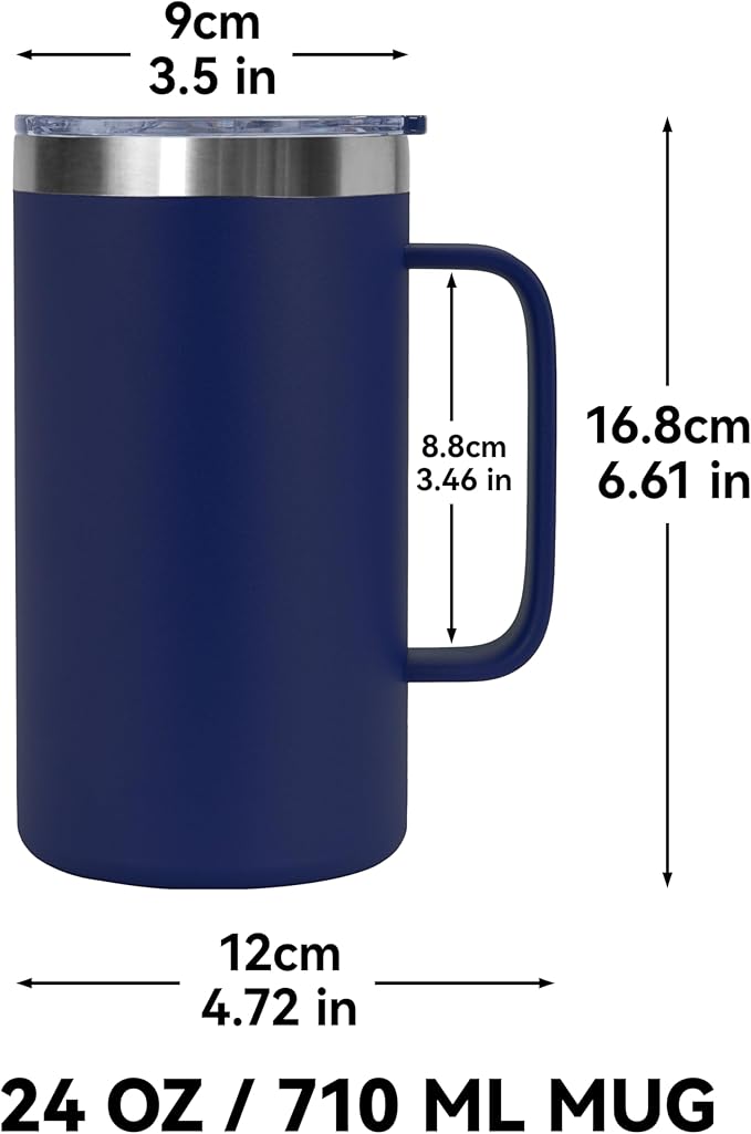 DOMICARE 24oz Mug with Handle and Lid, Stainless Steel Coffee Mug, Reusable Insulated Cup, Travel Mug with Handle, Double Wall Vacuum Coffee Tumbler for Men and Women, Navy, Pack 1