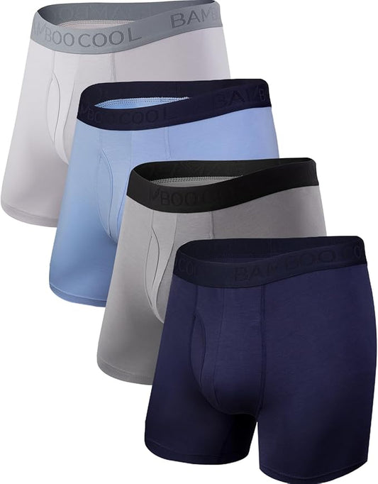 BAMBOO COOL Men's Underwear Boxer Briefs Fly with Built-in 3D Pouch Comfortable Cool Underwear for Men 4 Pack