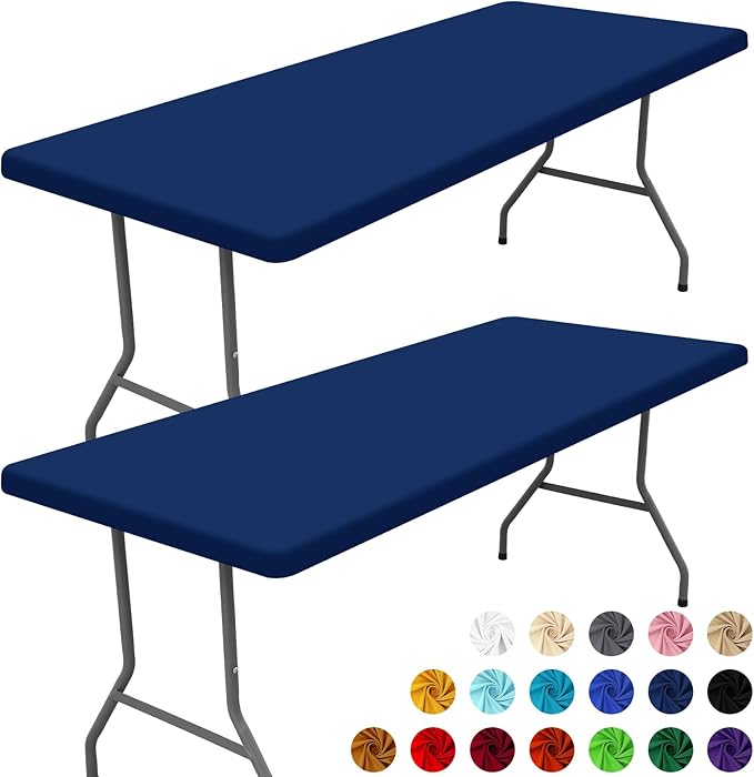 Spandex Picnic Table Cloth 2 Pack, Elastic Fitted Tablecloths for 8 Foot Rectangle Tables, Stretch Washable Patio Table Cover for Outdoor, Camping, Banquet and Parties (Navy, 30"x96")