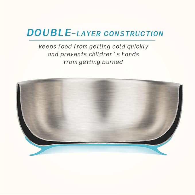 MR. CHOU Baby Bowls with Non-Slip Silicone Suction Cup, Insulated Double-Layer 304 Stainless Steel Toddler Bowls with BPA Free Airtight Lids, Food-Grade Silicone Safe for Kids (Blue)