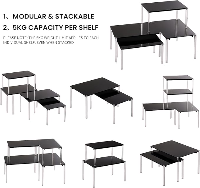 4 Pack Stackable & Expandable Acrylic Spice Rack, Black Shelf Riser for Kitchen Cabinet, Pantry, Countertop, Bathroom & Office Storage